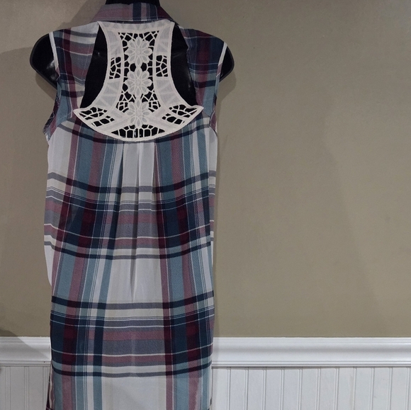 Jolt Juniors Sleeveless Plaid And Lace Lightweight Button-Up Tunic Size S - Picture 3 of 7